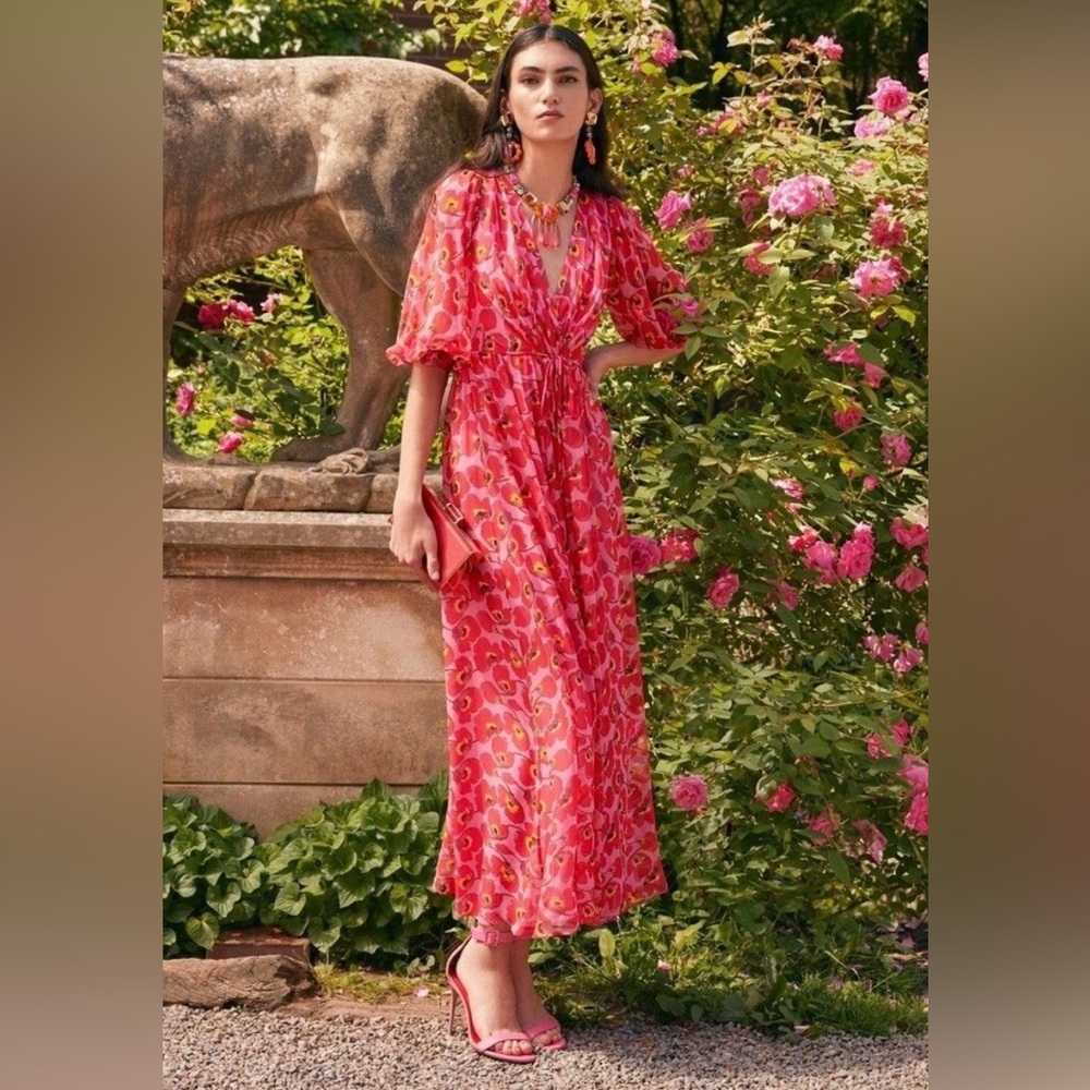Carolina Herrera New Floral Print V Neck Silk Chiffon Midi Dress Sz 6 $2,690.00